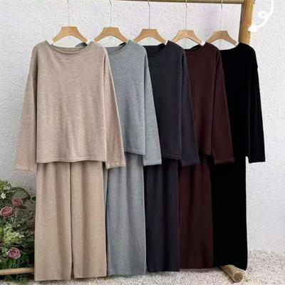 Ensemble tricoté style décontracté ample pour femme automne et hiver nouveau pull à col rond frisé pantalon large ensemble deux pièces