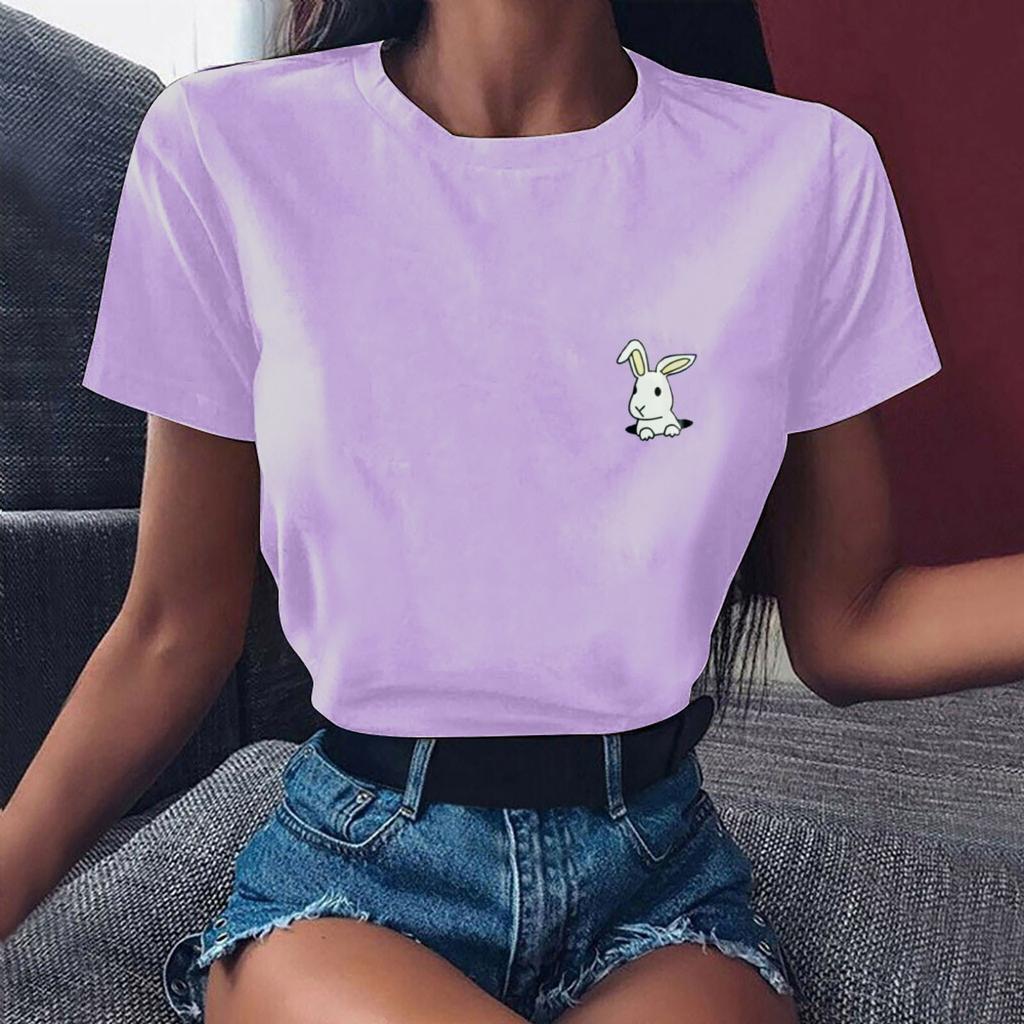 Summer Round Neck Little Rabbit Pattern Printed Top Fashionable Casual Pure Cotton Short Sleeved Women's T-shirts