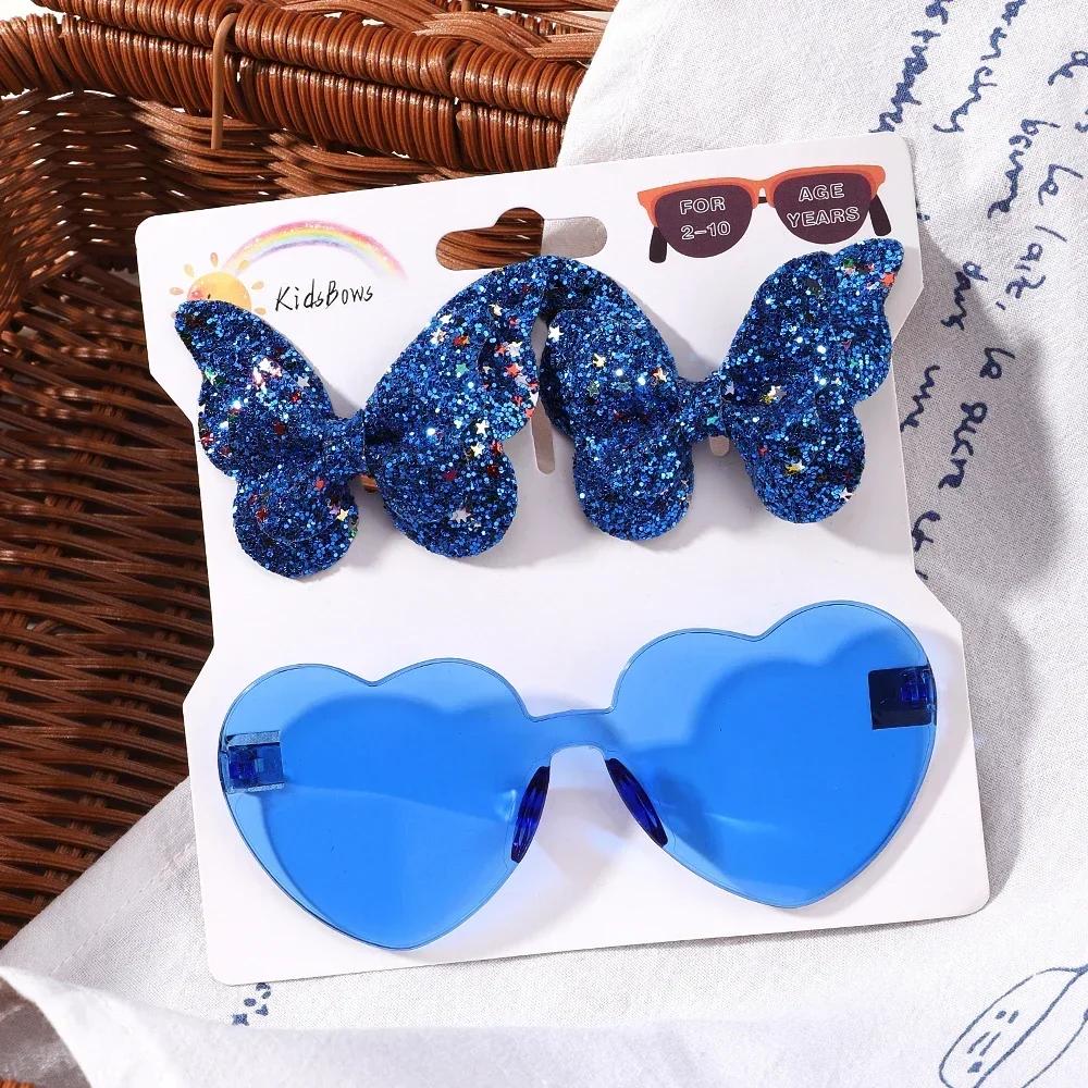 Lovely Sparkling Butterfly Hair Clip Hair Accessories Glasses Set Fashion Wave Point Kids Hairgripes Love Glasses Girls Headwear
