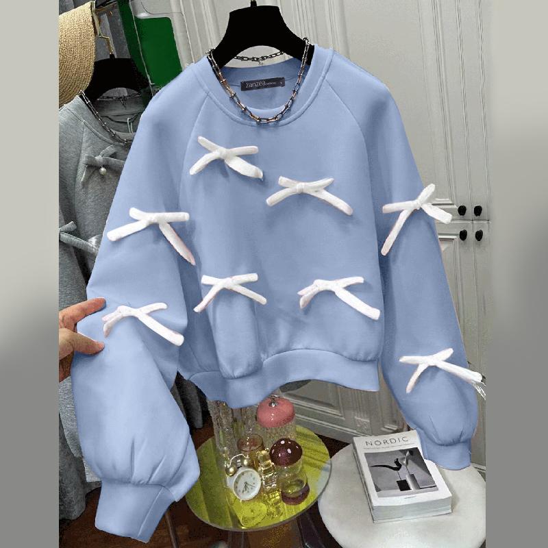 

ZANZEA Женские осенние толстовки с круглым вырезом и длинным рукавом, украшенные галстуком S синий