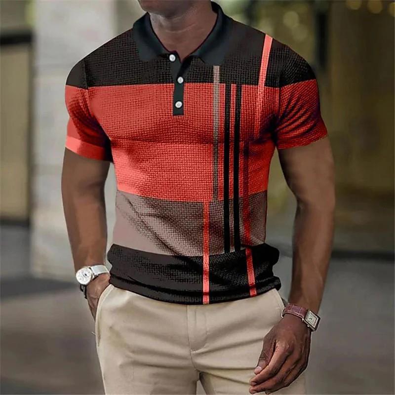 Men'S Casual Polo Shirt 3D Digital Printing Short Sleeve Splicing Color Trend Top