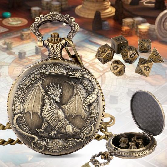Metal Dice Set with Dragon Pocket Watch Case 7 Dices Portable Vintage Multi-side Game Dice Family Night Party Board Game