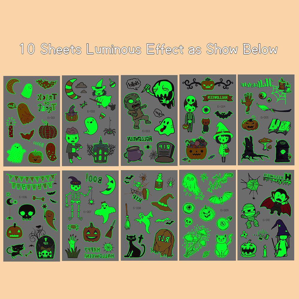 

Glow-in-the-Dark Halloween Tattoo Stickers: Fluorescent Pumpkin, Ghost, and Skull Designs