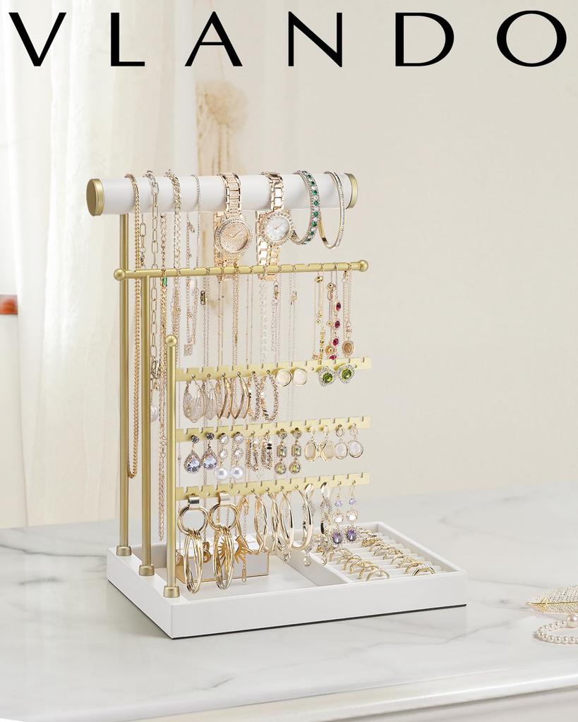 VLANDO Accessory Stand Necklace Stand Earring Stand Leather Tray Ring Storage Jewelry Storage Earrings Gift (White)