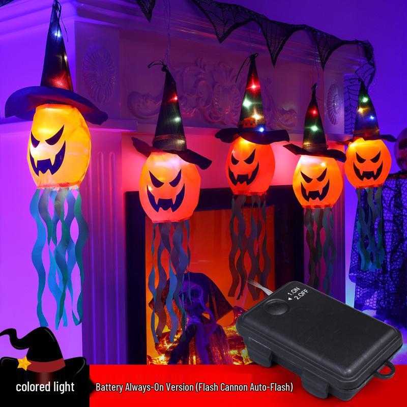 Halloween LED Pumpkin Lantern & Witch Hat Chandelier with Ghost Hanging Lights - Horror Atmosphere Colored String Lights