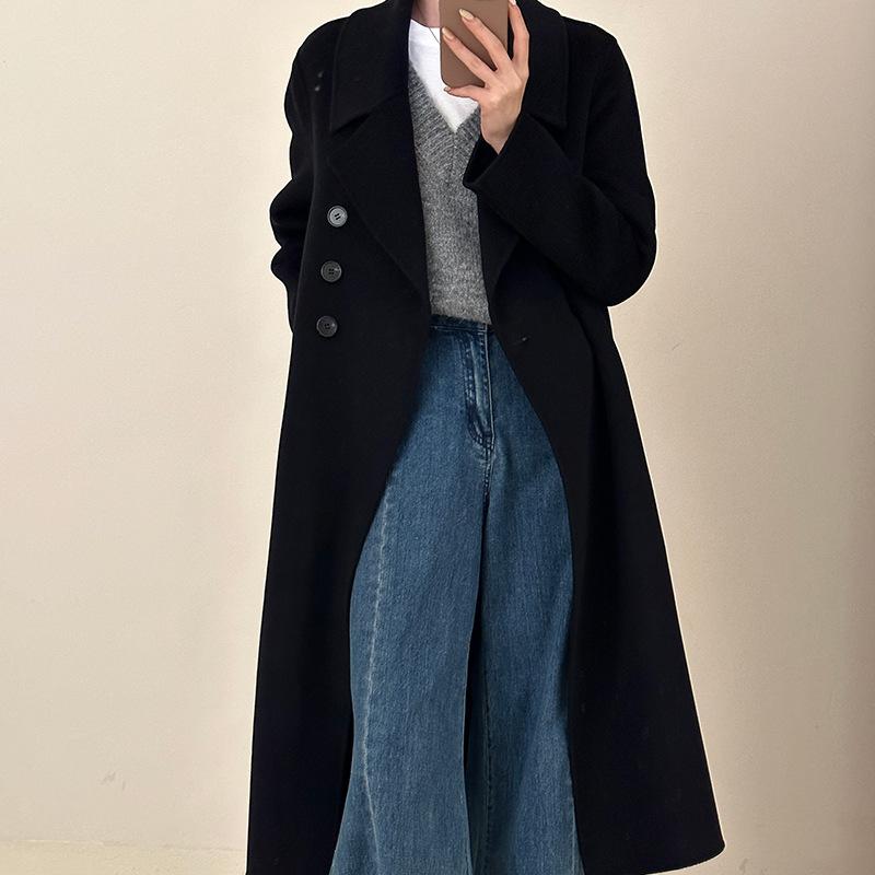 

] Новое осенне-зимнее двустороннее шерстяное пальто цвета кэмел с лацканами, женское однобортное кашемировое пальто S