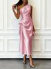 Women One Shoulder Satin Midi Dress Ruched Waist Elegant Wedding Guest Formal Evening Party Dress