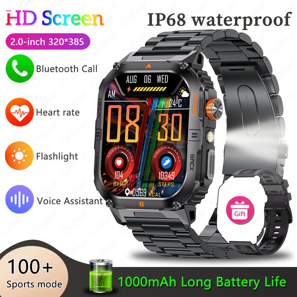 New Smart Watch Men 1000mAh Large Capacity Battery Outdoor Flashlight Bluetooth Call Waterproof Sport Fitness Smartwatch