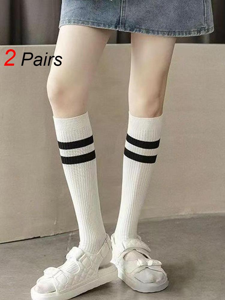 2 Pairs Women Black White Striped Knee High Socks Fashionable Classic Double Bar Socks Comfortable Sweat Absorbing Casual Socks