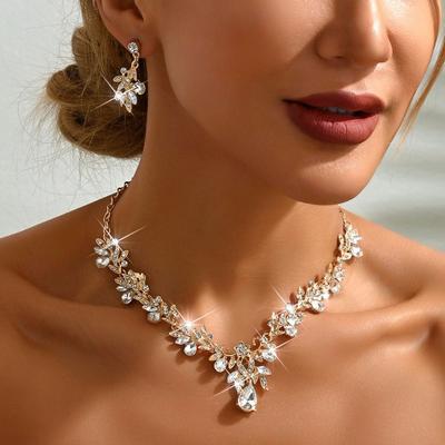 Crystal Earrings Exquisite Necklace Wedding Party Rhinestone Jewelry Set  Women