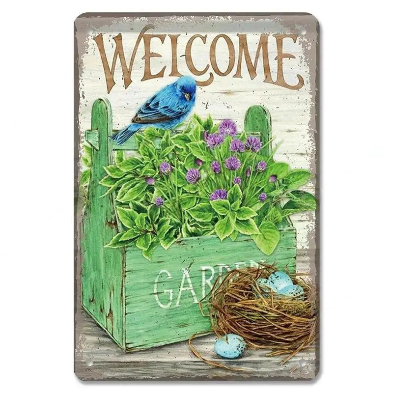 D Flat Metal Sign Vintage Welcome Garden Tin Sign Set Rustic Home Decor Butterfly Flower Watering Can Wall Art