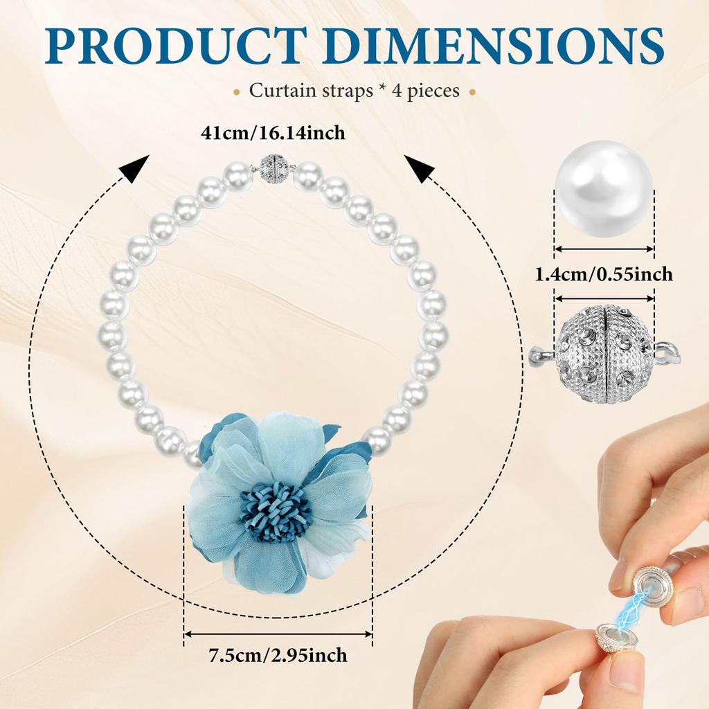 4Pcs Curtain Tiebacks Magnetic Curtain Holdback with Elastic Cord No Drill Window Decor Home Decor Flower Pearl Curtain Buckles