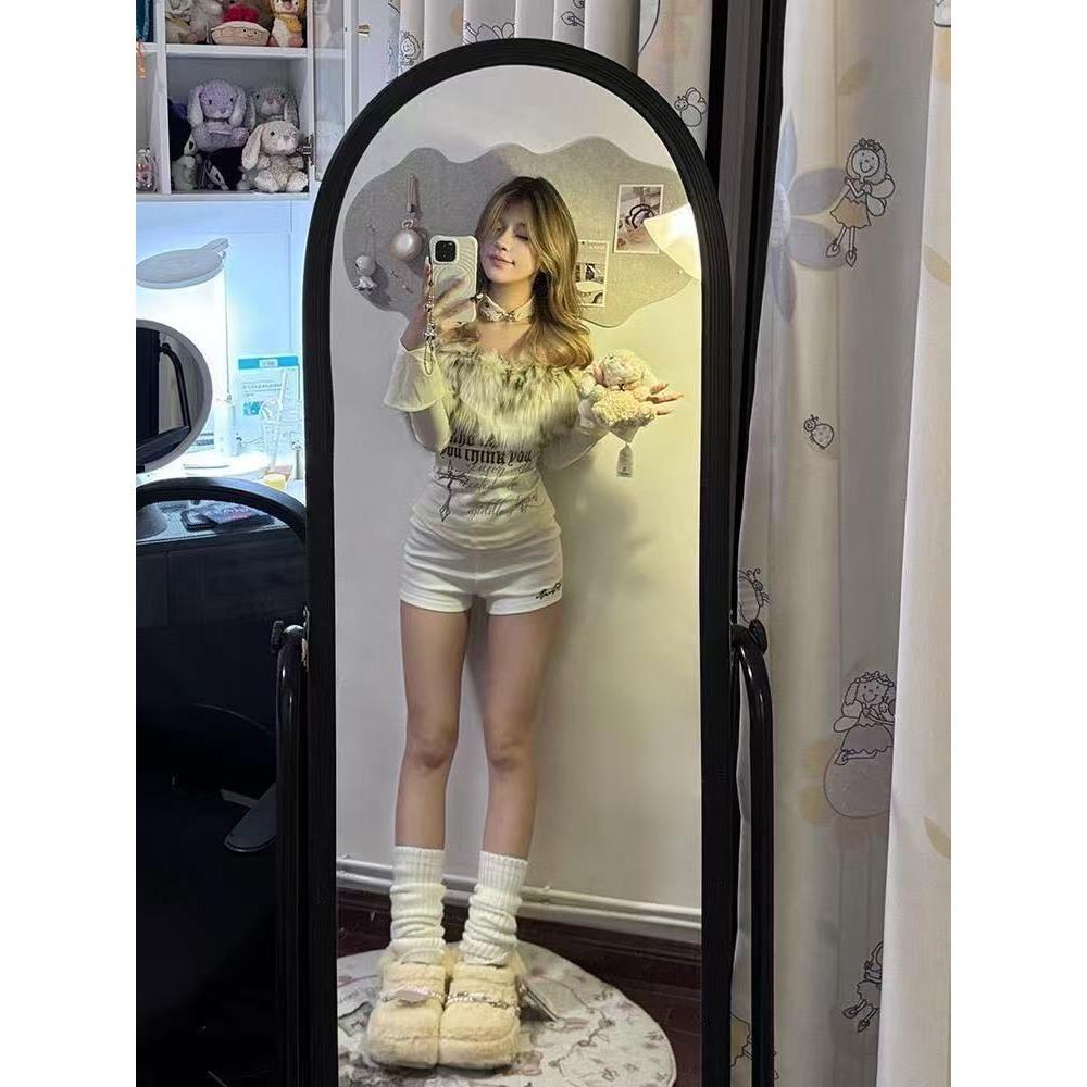 Retro Printed Fur Stitching One-shoulder T-shirt for Women Slimming Sweet and Cool Hot Girl Casual Bottoming Shirt Top