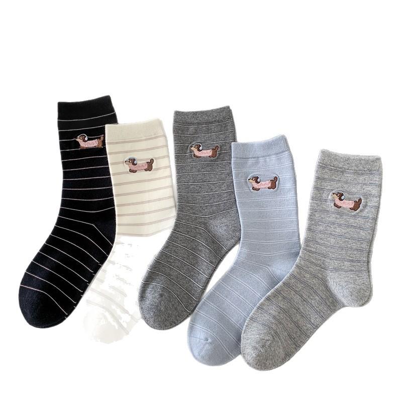 Embroidered Dachshund Mid-calf Thin Cotton Socks Fine-striped Dachshund Basic Versatile Cotton Socks
