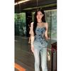 Women's Denim Ruffle Tube Top Strapless Slim Fit Sleeveless Blouse Casual Party Daily Wear