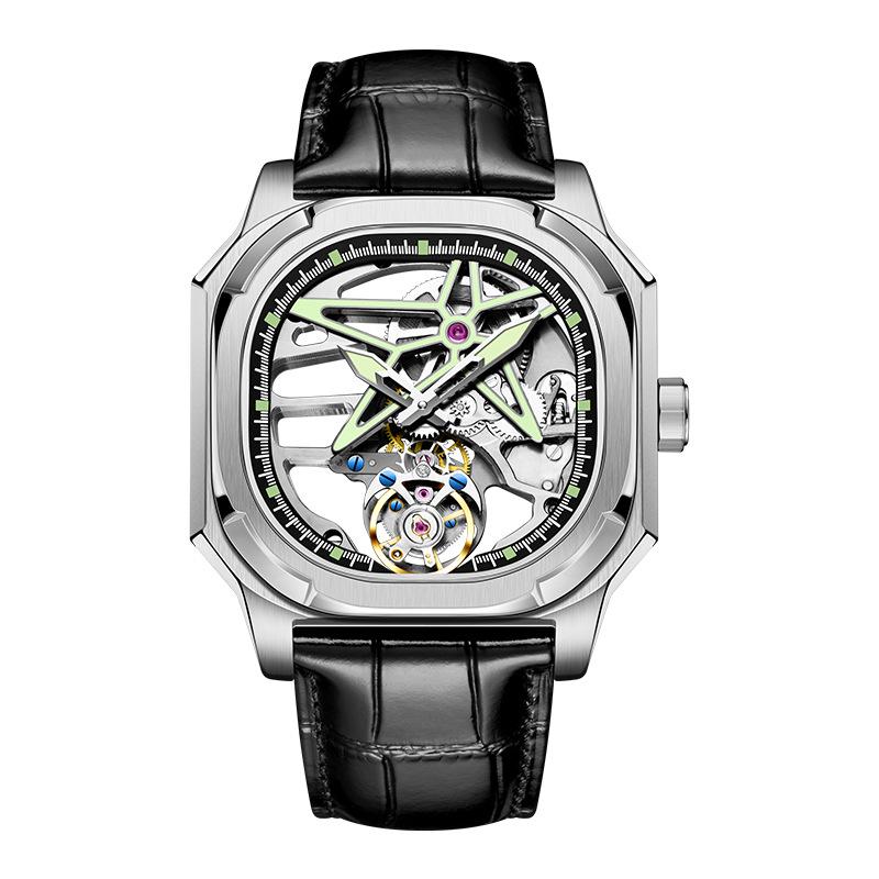 Swiss High-End Men's Mechanical Tourbillon Watch with Leather Strap