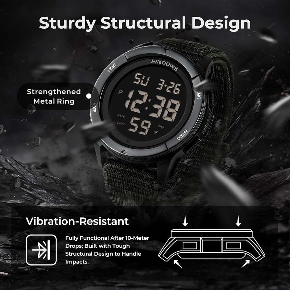 PINDOWS Men's Digital Sports Watch 50M Waterproof Velcro Strap Work Watch