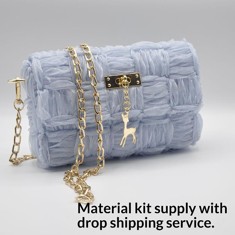 Woven Crossbody Bag Light Blue Handmade Gold Chain Deer Pendant Elegant Ladies Shoulder Bag for Brunch Dates