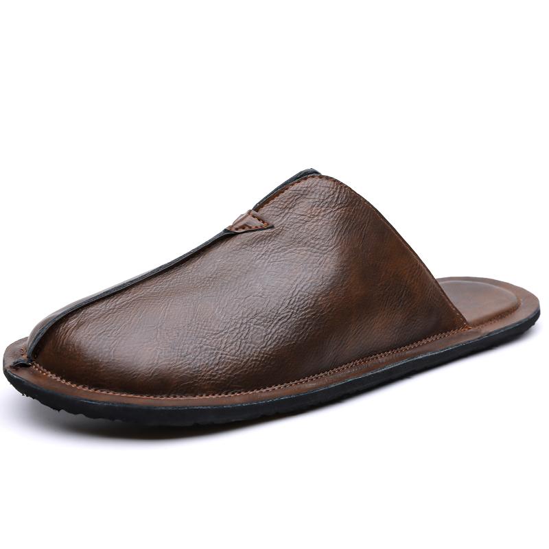 Herren Pantoffeln Handgemacht Einfache flache Sandalen Braunes Leder Schwarze Sommer Römische Sandalen Geschlossene Zehen Strand Schuhe Übergröße