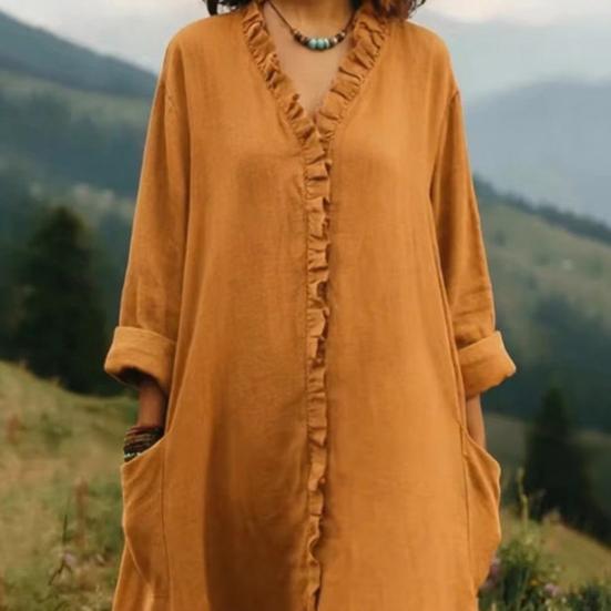 Women's Ruffle Trim V Neck Dress Summer Casual Loose Long Sleeve Maxi Dress Flowy Boho Beach Sundress with Pockets