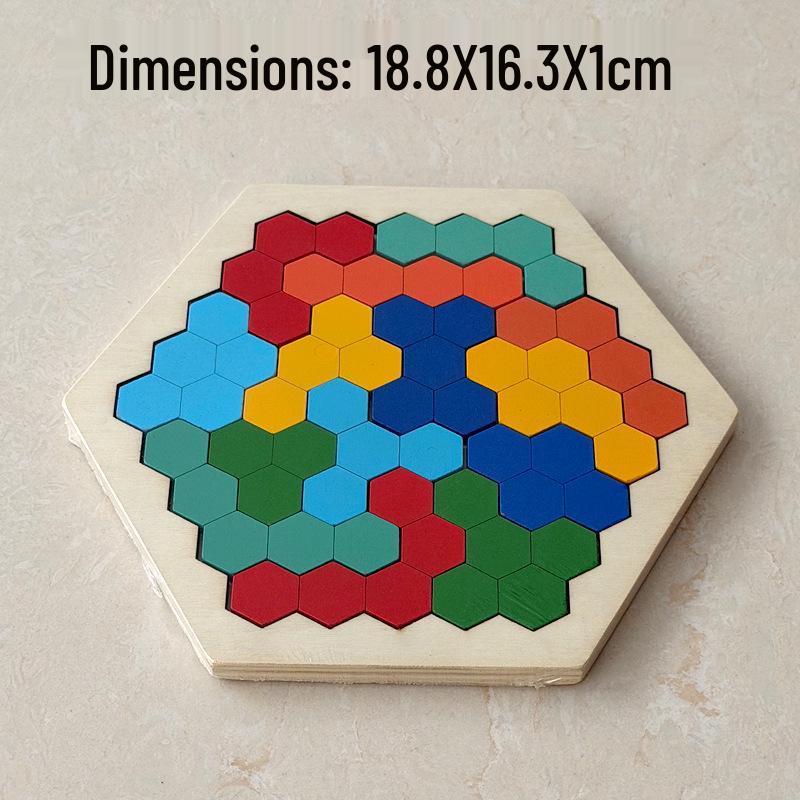 Hexagonal Shape Chess Puzzle - Seven Pieces, 11 Blocks Educational Wooden Toy for Kids