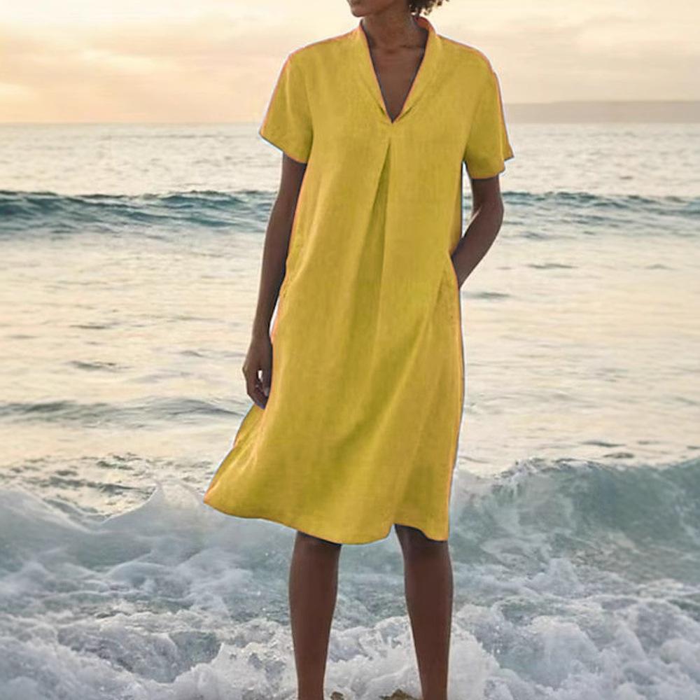 Damen Sommer Baumwoll Leinen Midi Kleid V-Ausschnitt Kurzarm Mit Taschen Lässig A-Linie Strand Sommerkleid