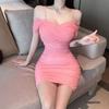 Nightclub work clothes, women's sexy mesh spaghetti strap dress, pleated off-shoulder, figure-hugging short skirt