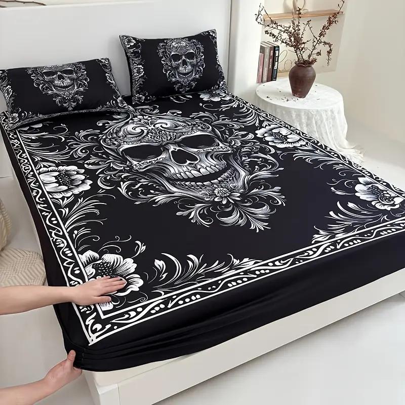 3pcs Black White Gothic Skull Fitted Sheet Set 3D Printed Mattress Covers Soft Breathable With 2 Pillowcases for Adults Bedroom