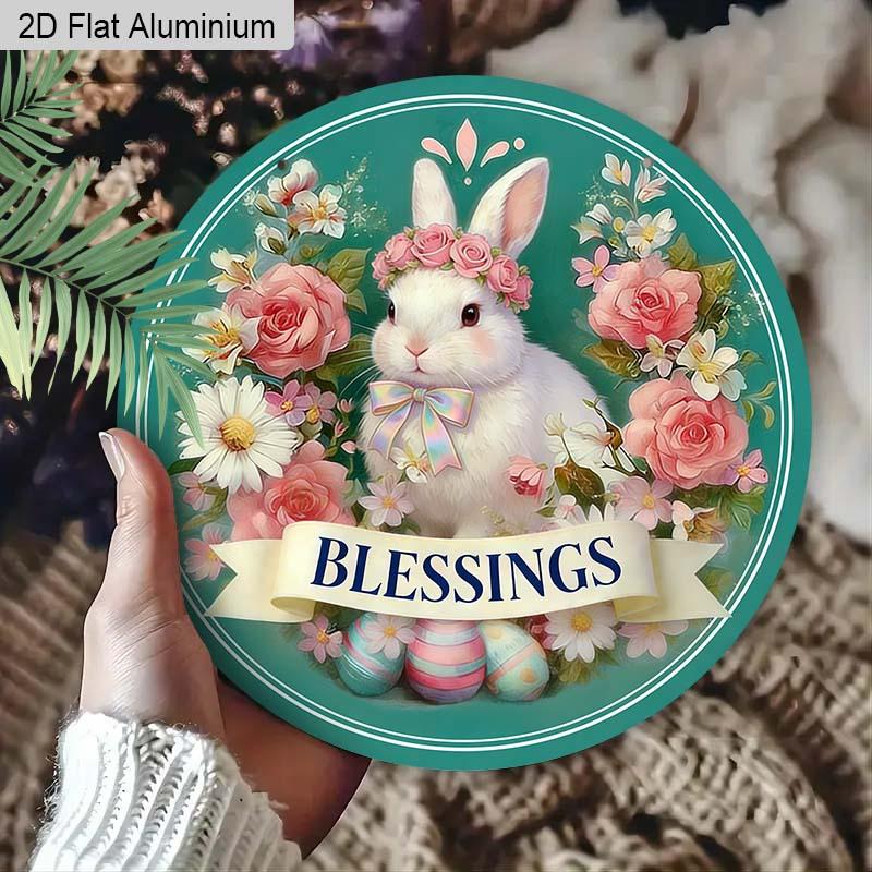 2D Flat 1pc Easter Bunny Aluminum Decor Plaque, Floral and Bunny Signs, Living Room Decor, Porch Decor, Bunny Themed Wall Hanging Decor, Perfect Gift