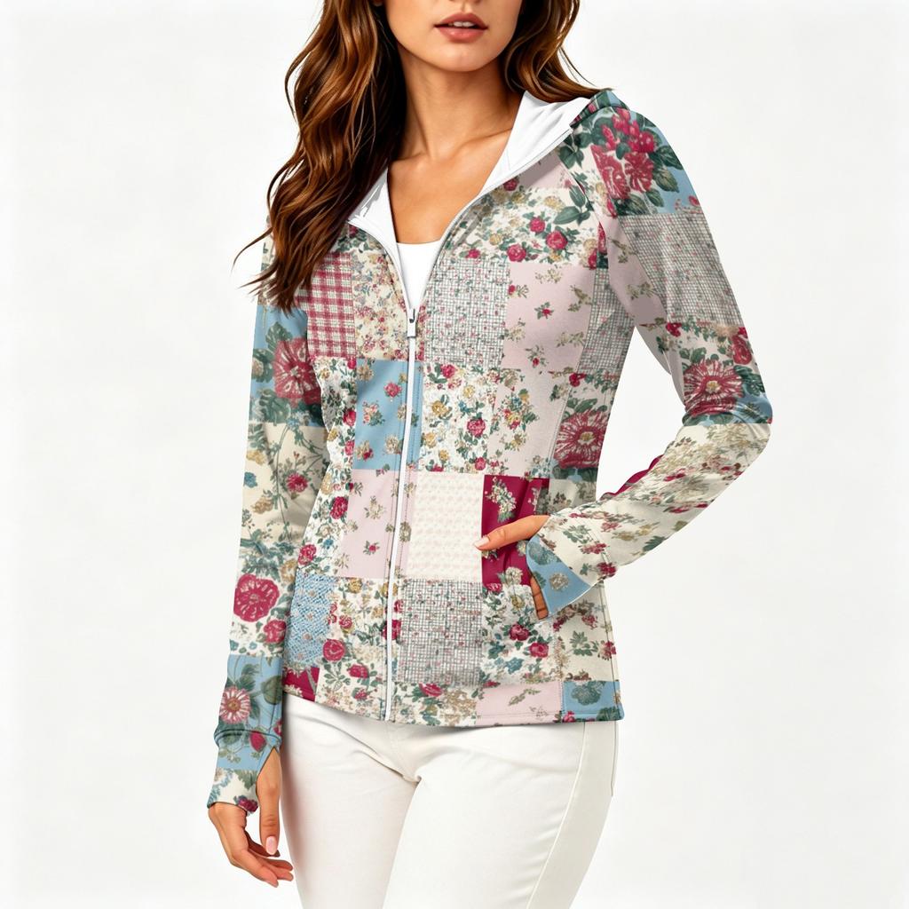 Women's Fashion Zip Up Hooded Long Sleeve Jacket With Tie- Print & Pockets