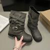 Knight boots retro cowboy boots heap boots women's autumn and winter western new pleated mid-tube boots pant tube babes