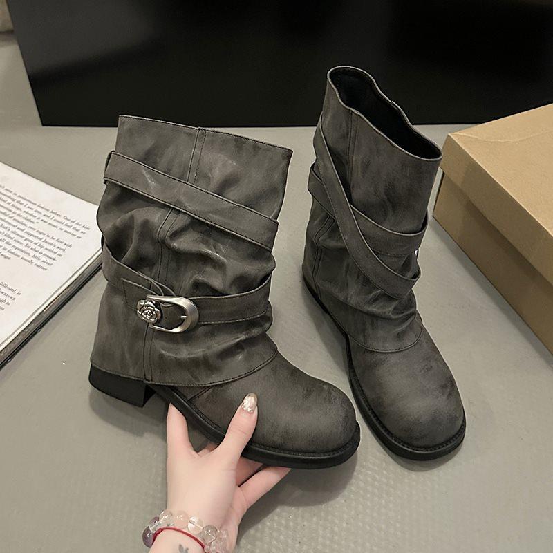 Knight boots retro cowboy boots heap boots women's autumn and winter western new pleated mid-tube boots pant tube babes