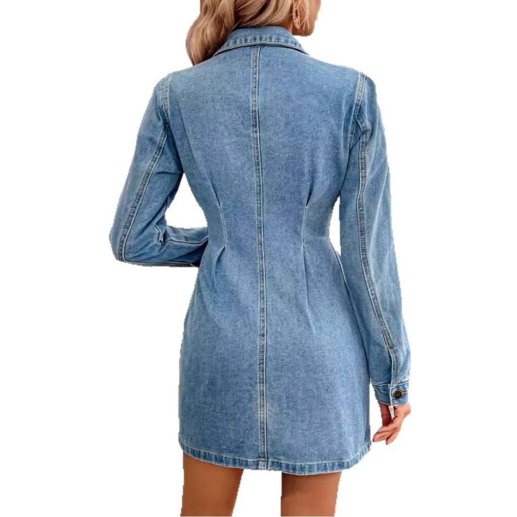 European and American Retro Waist-Cinching Slim Denim Dress