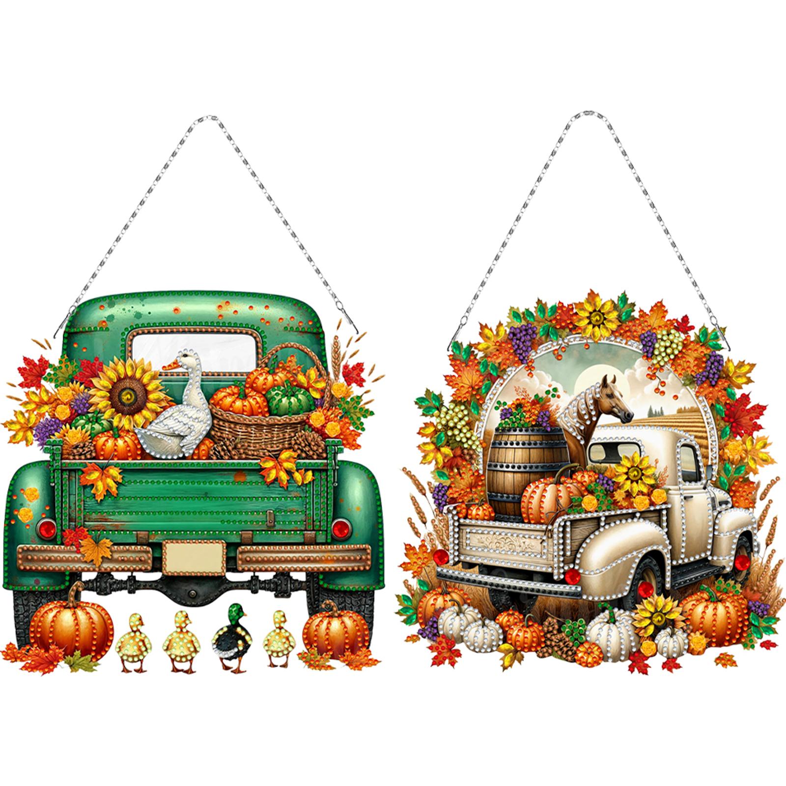 

2pcs Pumpkin Car Theme 2D Flat DIY Special Shape Rhinestone Diamond Art Window Pendants Diamond Art Pendant Wall Door Decoration