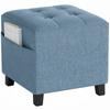 Small Ottoman, Square Footstool with Side Pocket, Rubber Wood Legs and Padded Seat for Living Room, Dark Blue