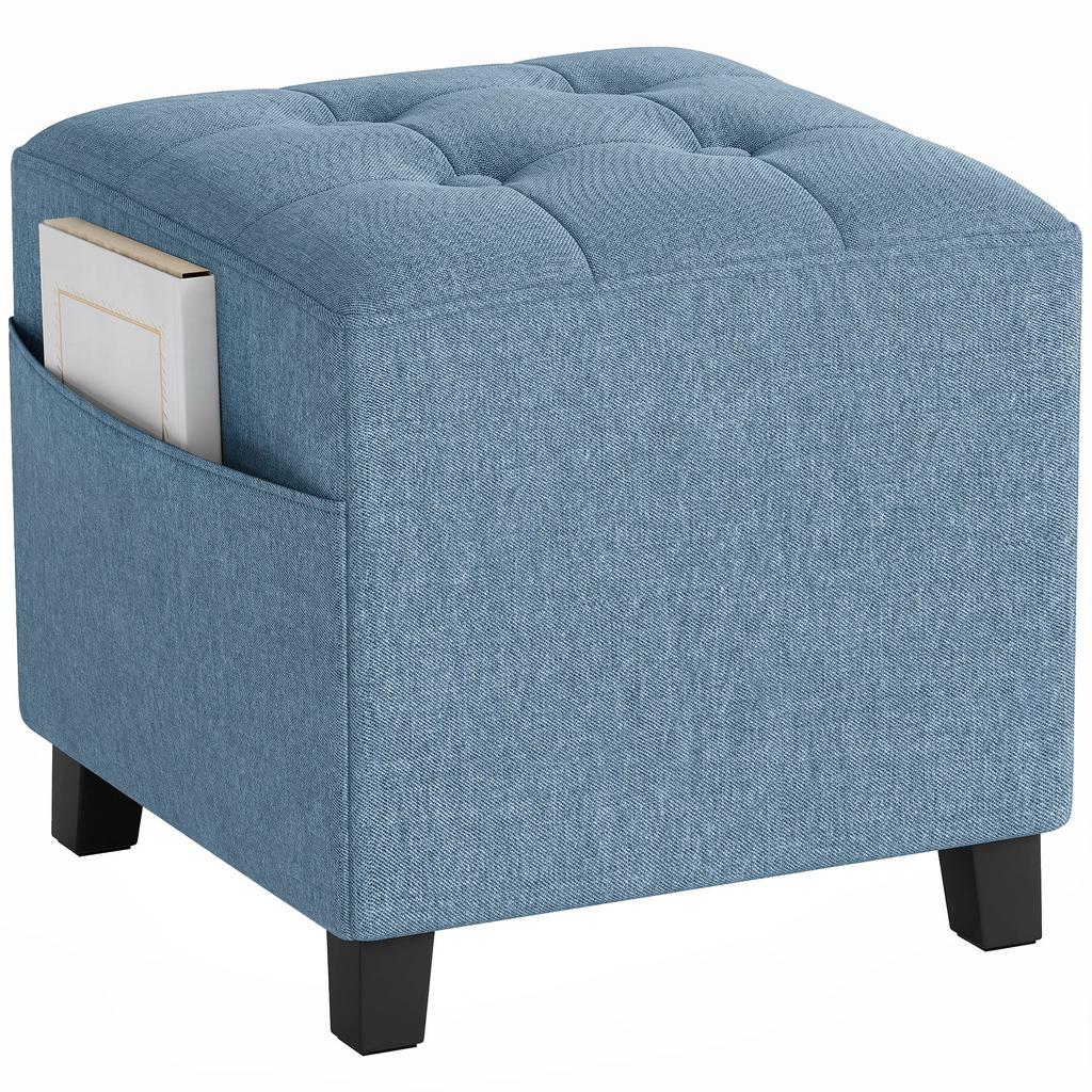 Small Ottoman, Square Footstool with Side Pocket, Rubber Wood Legs and Padded Seat for Living Room, Dark Blue