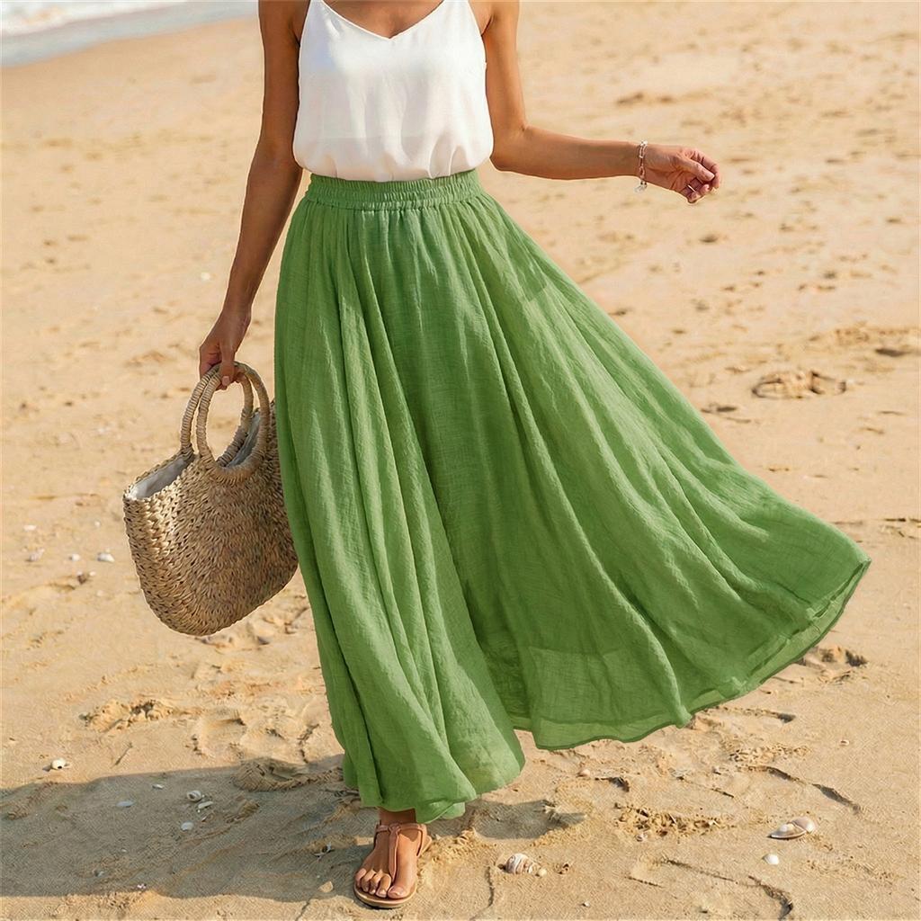 Women Casual Holiday Solid Cotton Linen Long Skirt A Line Beach Midi Skirt Elastic Waist Lightweight Flowing Design