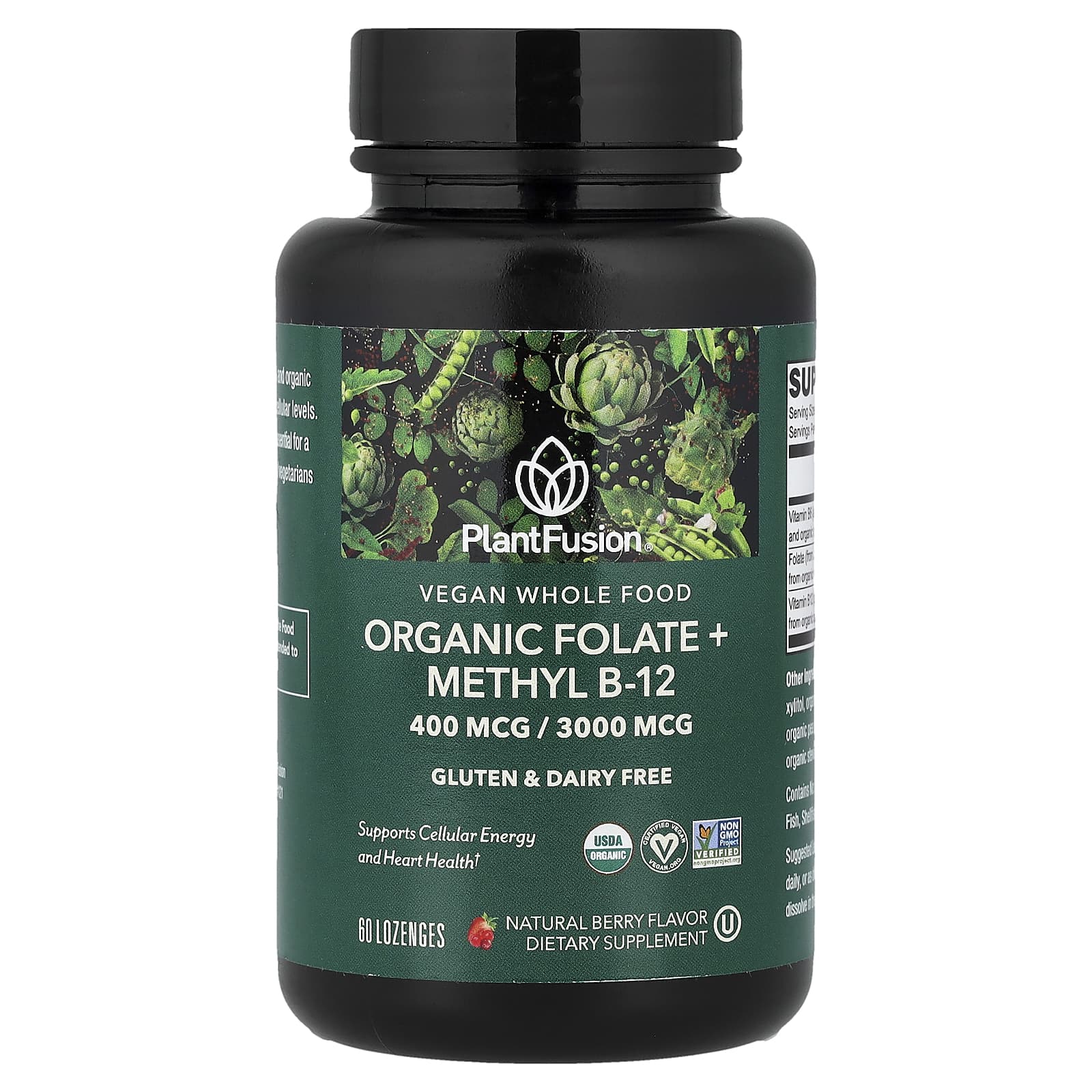 

PlantFusion, Vegan Whole Foods, Organic Folic Acid + Methyl B12, Natural Berry Flavor, 60 Lozenges