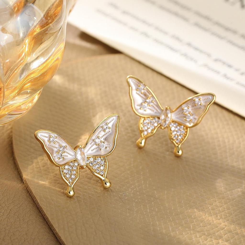 Elegant Zircon Butterfly Drop Earrings for Women - High-End Light Luxury Fashion Studs