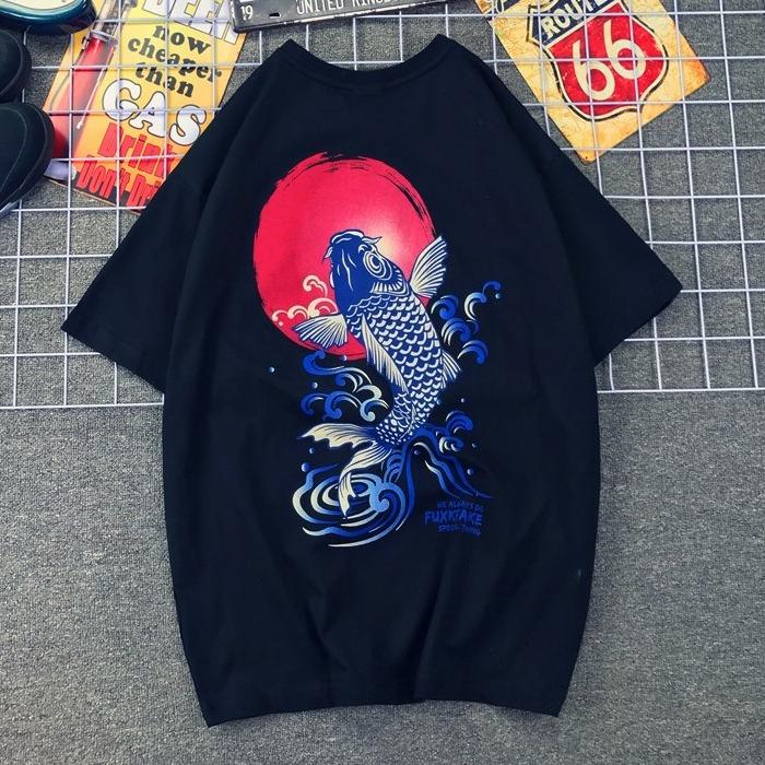 Japanese Trendy Brand Ukiyo-e Painted Carp Retro Hip-hop Loose Large Size Cotton Short-sleeved T-shirt for Men and Women