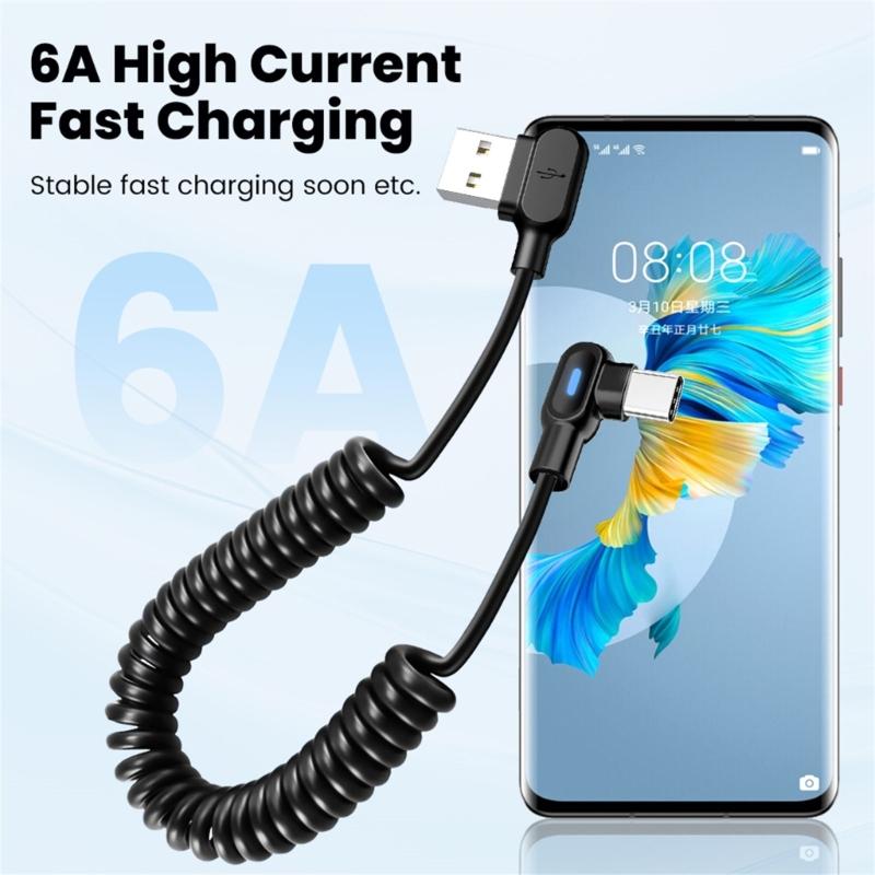 strong  Reversible USB C Charger Cable 6A fast charges  Spring Coiled Design Fast Charging Cable for Tablets Smartphones