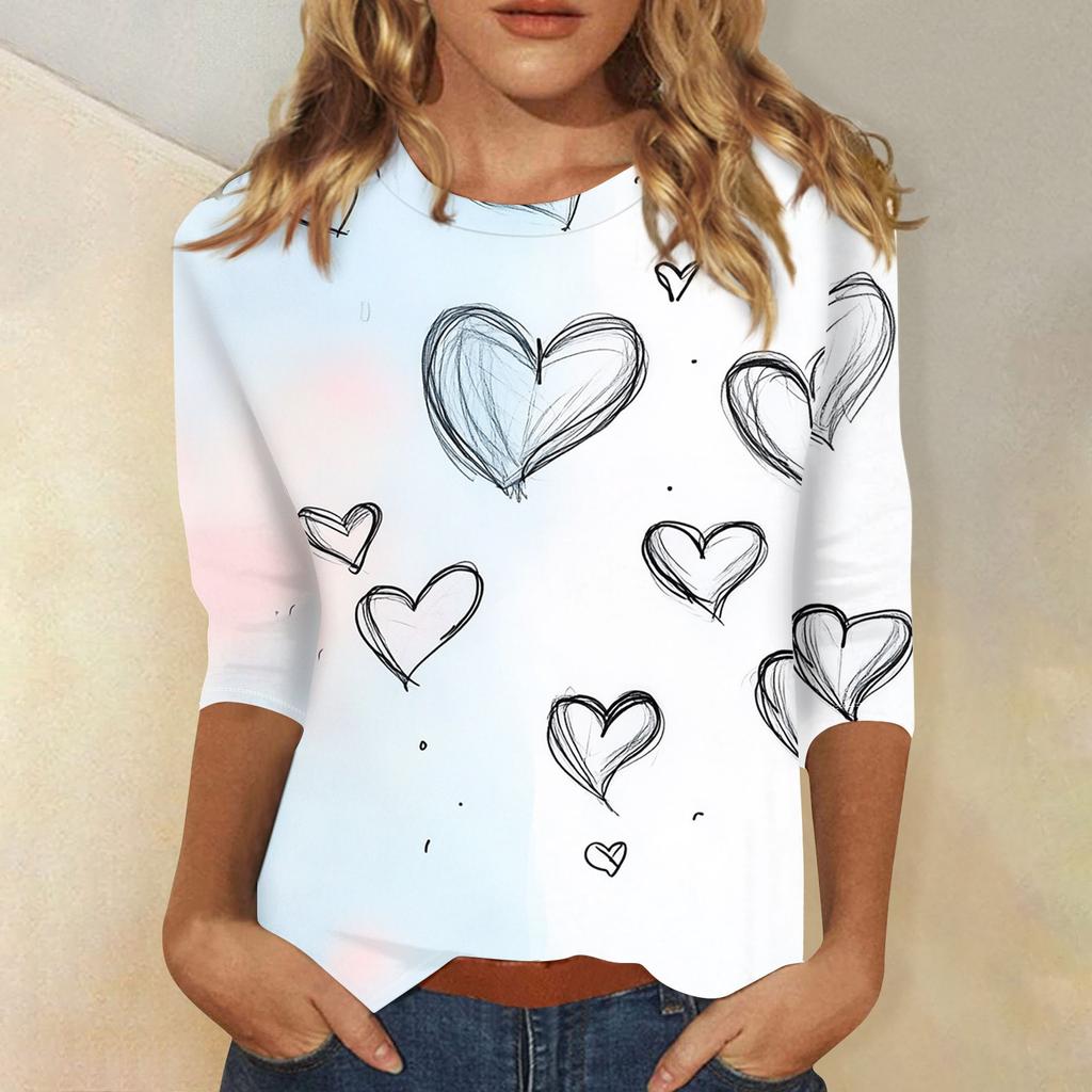 Damenmode Lässiges T-Shirt mit Rundhalsausschnitt und Dreiviertelärmeln zum Valentinstag mit Liebesherz-Aufdruck
