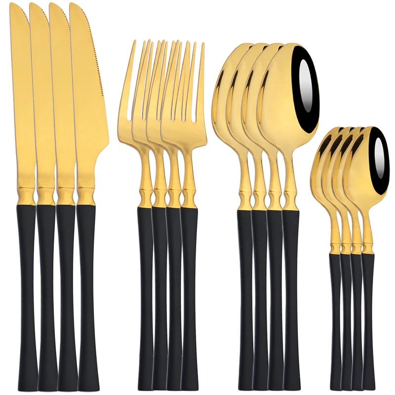 16Pcs Cutlery Set Stainless Steel Golden Dinnerware Western Silverware Set Mirror Flatware Western Dinning Kitchen Tableware