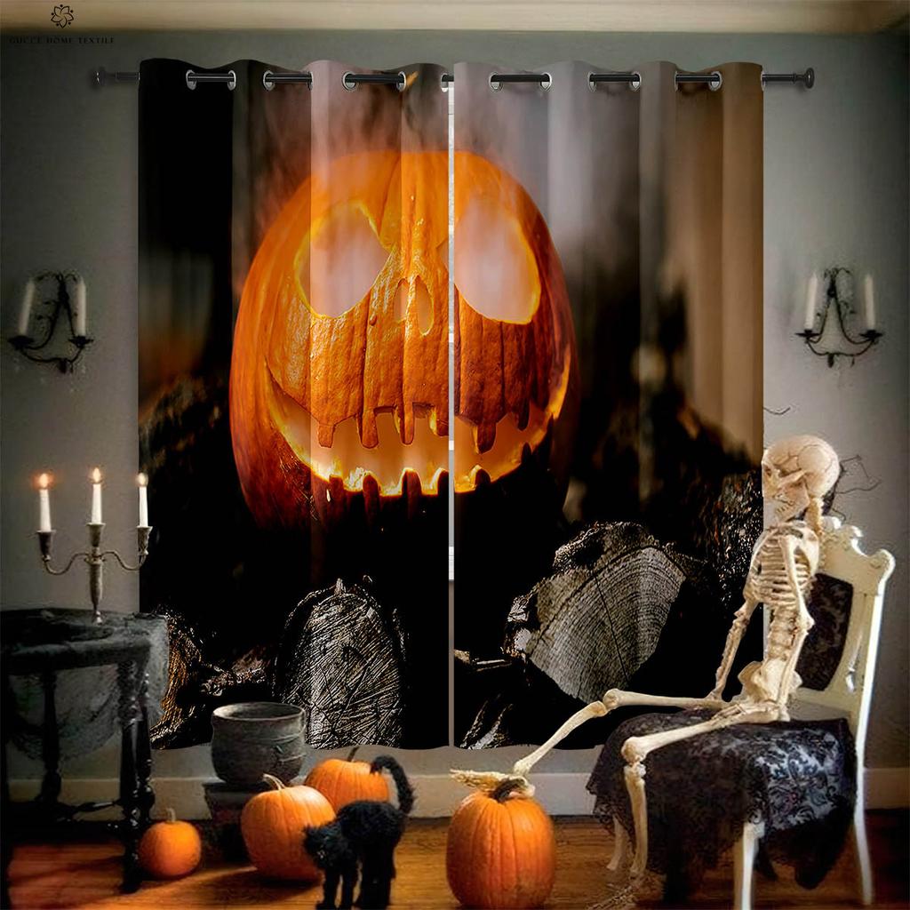 Halloween Skull Spider Web 3D Printed Blackout Curtain, Heat Insulation, Suitable for Bedroom and Dining Room Decoration
