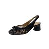 French Retro Bow Embroidered Bag Head Sandals Women's Summer Xiaoxiangfeng Thick Heel Black Mesh Middle Heel Empty Single Shoes