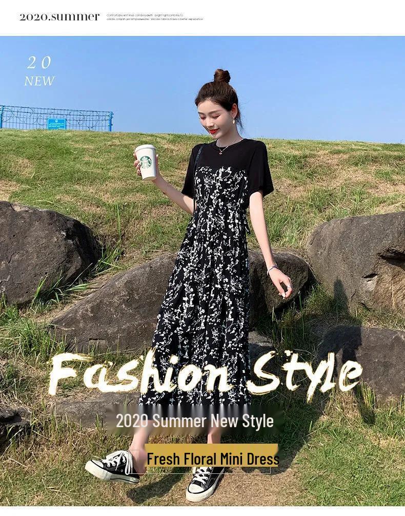 Hepburn Style Women's Floral Patchwork Midi Dress - Elegant High Waist Slimming Skirt for Summer 2026