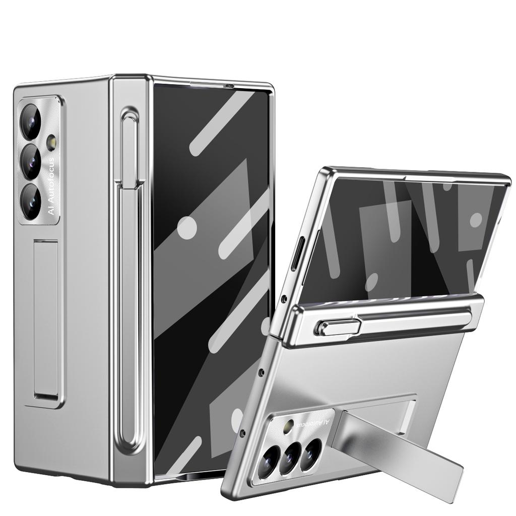 Luxury Phone Case with Pen for Samsung Galaxy Z Fold 4 5 6 7 Electroplated Glass Film Hinge Protection Cover
