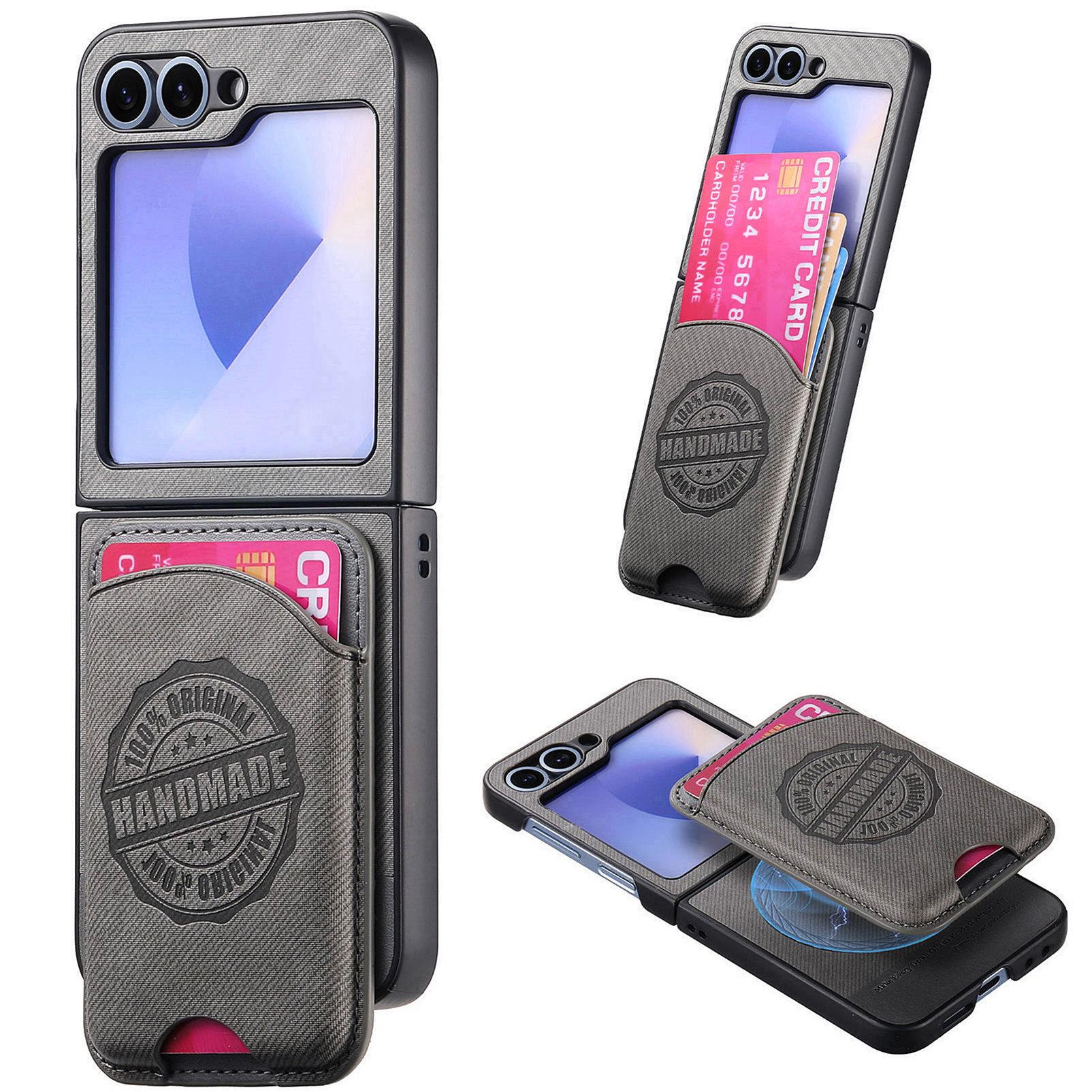 

For Samsung Galaxy Z Flip5 5G Case Compatible with MagSafe Denim Texture Leather Back Cover with Card Bag Grey