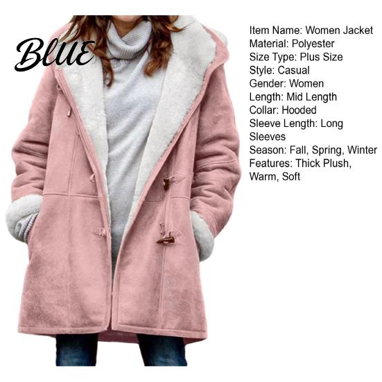 Lady Thick Coat Women Fall Winter Hooded Soft Plush Long Sleeve Mid Autumn Jacket Length Windproof Cold Resistant Buttons Loose Pockets