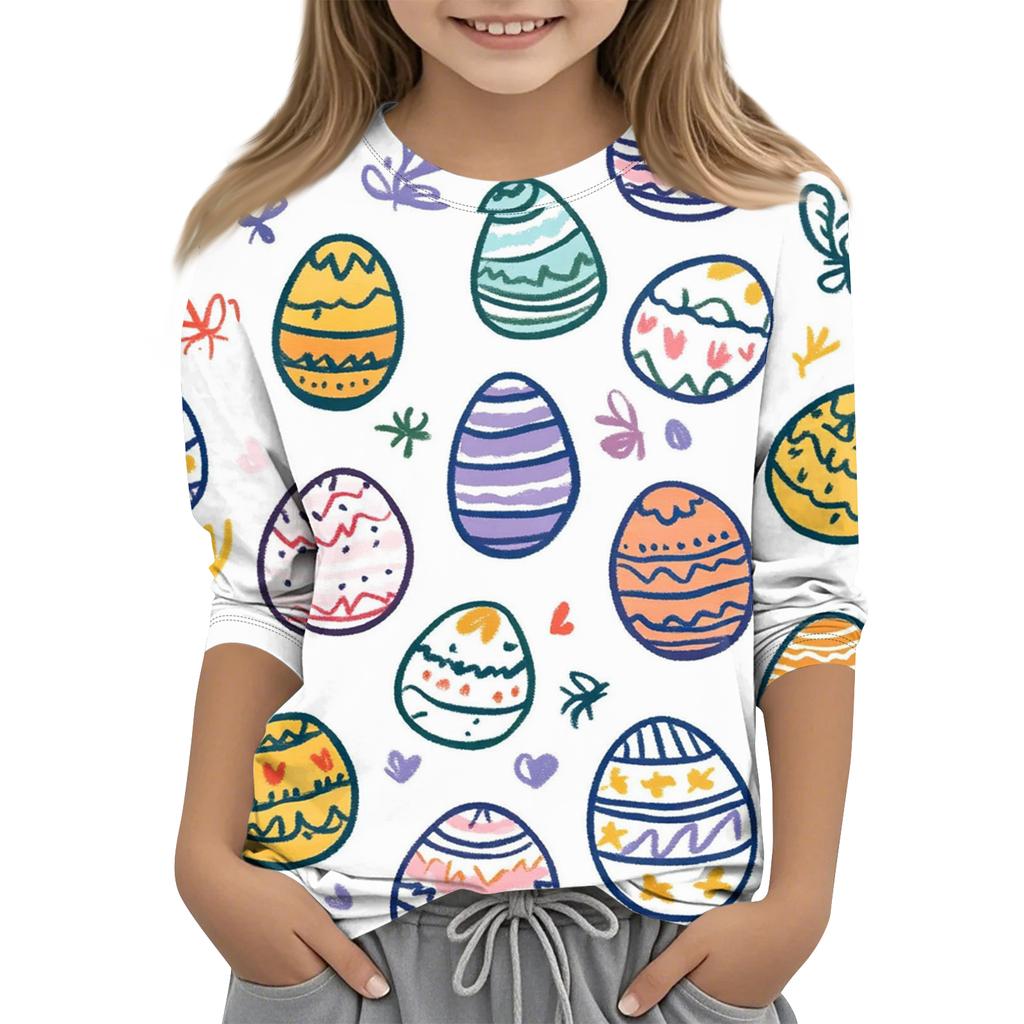 Children's Easter Printed Round Neck Seven Quarter Sleeve Casual T-shirt